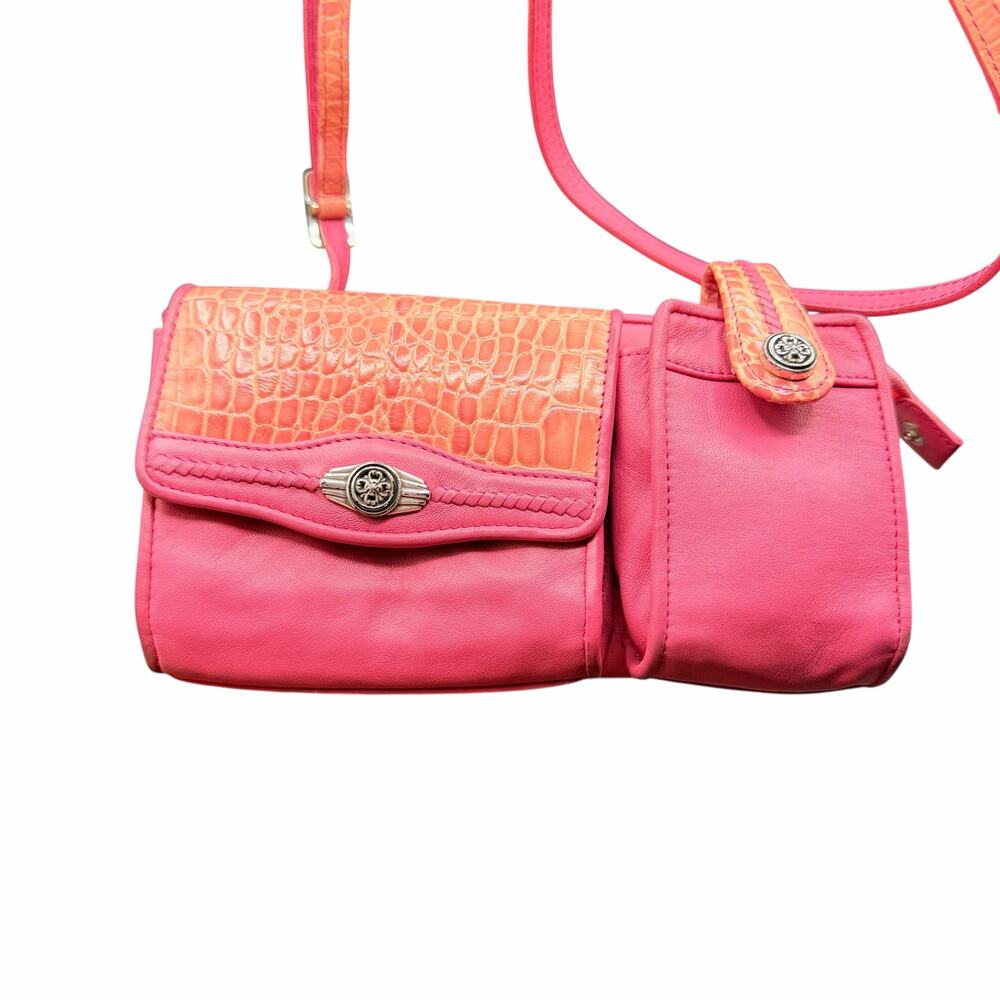 Vintage Brighton Pink Leather Croc Embossed Crossbody Bag Dual Pocket